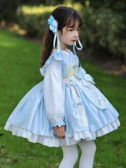 Polyester Daily Casual Bows Long Sleeves Cotton Fall Dress Plaid Chinese Style Light Sky Blue Kids' Lolita Dresses -AYA Cosplay Shop 202303031131232334979