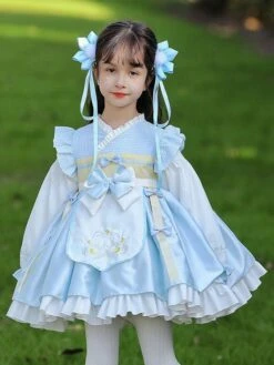 Polyester Daily Casual Bows Long Sleeves Cotton Fall Dress Plaid Chinese Style Light Sky Blue Kids' Lolita Dresses -AYA Cosplay Shop 202303031131235349237
