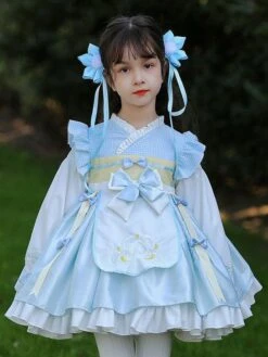 Polyester Daily Casual Bows Long Sleeves Cotton Fall Dress Plaid Chinese Style Light Sky Blue Kids' Lolita Dresses