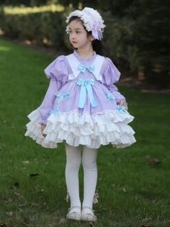 Polyester Tea Party Bows Long Sleeves Cotton Fall Dress Sweet Lavender Kids' Lolita Dresses -AYA Cosplay Shop 20230303113126477189
