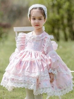Polyester Daily Casual Lace Long Sleeves Cotton Fall Dress Floral Print ROCOCO Style Pink Kids' Lolita Dresses