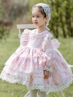 Polyester Daily Casual Lace Long Sleeves Cotton Fall Dress Floral Print ROCOCO Style Pink Kids' Lolita Dresses -AYA Cosplay Shop 202303031131293704519