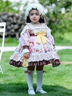 Polyester Daily Casual Ruffles Long Sleeves Cotton Spring Dress Floral Print ROCOCO Style Pink Kids' Lolita Dresses -AYA Cosplay Shop 20230303113130582661
