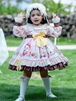 Polyester Daily Casual Ruffles Long Sleeves Cotton Spring Dress Floral Print ROCOCO Style Pink Kids' Lolita Dresses -AYA Cosplay Shop 20230303113130865736