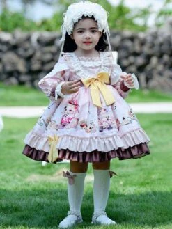 Polyester Daily Casual Ruffles Long Sleeves Cotton Spring Dress Floral Print ROCOCO Style Pink Kids' Lolita Dresses -AYA Cosplay Shop 202303031131311665226