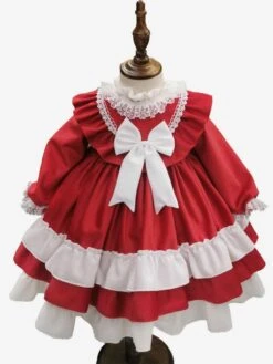 Polyester Daily Casual Bows Long Sleeves Velour Fall Dress ROCOCO Style Red Kids' Lolita Dresses -AYA Cosplay Shop 202303031131331177774
