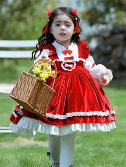 Polyester Daily Casual Ruffles Long Sleeves Polyester Winter Dress Plaid Chinese Style Red Kids' Lolita Dresses -AYA Cosplay Shop 202303031131353656917