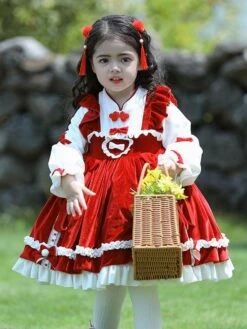 Polyester Daily Casual Ruffles Long Sleeves Polyester Winter Dress Plaid Chinese Style Red Kids' Lolita Dresses -AYA Cosplay Shop 202303031131356895208