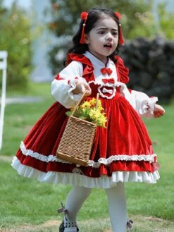 Polyester Daily Casual Ruffles Long Sleeves Polyester Winter Dress Plaid Chinese Style Red Kids' Lolita Dresses -AYA Cosplay Shop 20230303113137044655