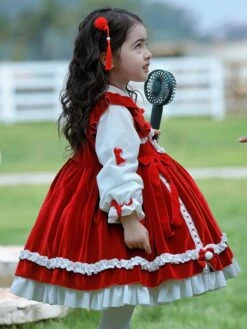 Polyester Daily Casual Ruffles Long Sleeves Polyester Winter Dress Plaid Chinese Style Red Kids' Lolita Dresses -AYA Cosplay Shop 202303031131374223831