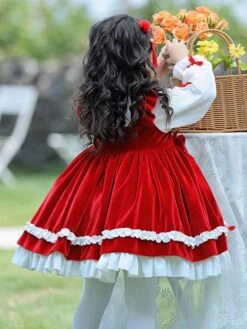 Polyester Daily Casual Ruffles Long Sleeves Polyester Winter Dress Plaid Chinese Style Red Kids' Lolita Dresses -AYA Cosplay Shop 202303031131377165977