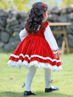 Polyester Daily Casual Ruffles Long Sleeves Polyester Winter Dress Plaid Chinese Style Red Kids' Lolita Dresses -AYA Cosplay Shop 202303031131380643690