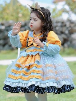 Polyester Tea Party Bows Long Sleeves Polyester Spring Dress Hearts Pattern Sweet Yellow Kids' Lolita Dresses -AYA Cosplay Shop 202303031131414739632