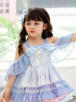 Polyester Tea Party Lace Short Sleeves Polyester Spring Dress ROCOCO Style Light Sky Blue Kids' Lolita Dresses -AYA Cosplay Shop 20230306182240993525