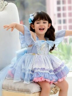 Polyester Tea Party Lace Short Sleeves Polyester Spring Dress ROCOCO Style Light Sky Blue Kids' Lolita Dresses