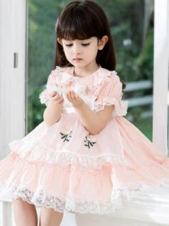 Polyester Tea Party Embroidered Short Sleeves Polyester Fall Dress Sweet Yellow Kids' Lolita Dresses