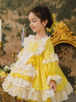 Polyester Tea Party Lace Long Sleeves Cotton Summer Dress ROCOCO Style Yellow Kids' Lolita Dresses -AYA Cosplay Shop 20230306182247586867