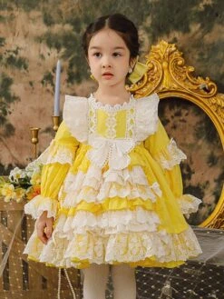 Polyester Tea Party Lace Long Sleeves Cotton Summer Dress ROCOCO Style Yellow Kids' Lolita Dresses