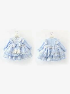 Polyester Tea Party Lace Long Sleeves Cotton Summer Dress Hearts Pattern ROCOCO Style Light Sky Blue Kids' Lolita Dresses -AYA Cosplay Shop 202303061822485604283