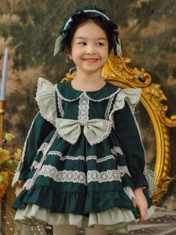Polyester Tea Party Lace Long Sleeves Cotton Fall Dress ROCOCO Style Dark Green Kids' Lolita Dresses
