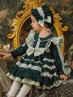 Polyester Tea Party Lace Long Sleeves Cotton Fall Dress ROCOCO Style Dark Green Kids' Lolita Dresses -AYA Cosplay Shop 202303061822552557954