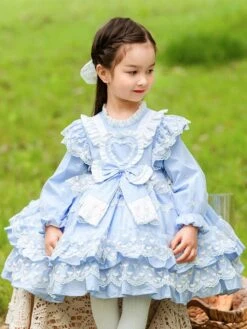 Polyester Tea Party Lace Long Sleeves Cotton Summer Dress Hearts Pattern ROCOCO Style Light Sky Blue Kids' Lolita Dresses -AYA Cosplay Shop 202303061822573463924