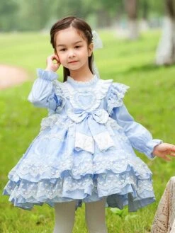 Polyester Tea Party Lace Long Sleeves Cotton Summer Dress Hearts Pattern ROCOCO Style Light Sky Blue Kids' Lolita Dresses -AYA Cosplay Shop 202303061822576484886