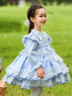 Polyester Tea Party Lace Long Sleeves Cotton Summer Dress Hearts Pattern ROCOCO Style Light Sky Blue Kids' Lolita Dresses -AYA Cosplay Shop 202303061822579597244