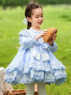 Polyester Tea Party Lace Long Sleeves Cotton Summer Dress Hearts Pattern ROCOCO Style Light Sky Blue Kids' Lolita Dresses -AYA Cosplay Shop 202303061822582638347