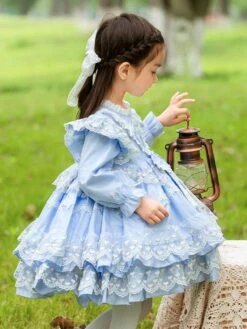 Polyester Tea Party Lace Long Sleeves Cotton Summer Dress Hearts Pattern ROCOCO Style Light Sky Blue Kids' Lolita Dresses -AYA Cosplay Shop 202303061822585607240