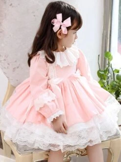 Polyester Daily Casual Lace Long Sleeves Polyester Spring Dress ROCOCO Style Pink Kids' Lolita Dresses