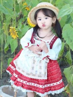 Polyester Daily Casual Ruffles Long Sleeves Polyester Fall Dress Floral Print Sweet Red Kids' Lolita Dresses -AYA Cosplay Shop 202303061823028192563