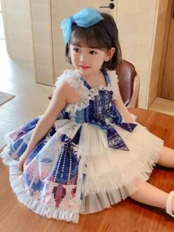 Polyester Daily Casual Bows Sleeveless Polyester Fall Dress Floral Print Sweet Blue Kids' Lolita Dresses -AYA Cosplay Shop 202303071334276338649