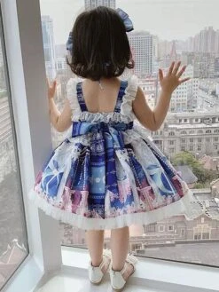 Polyester Daily Casual Bows Sleeveless Polyester Fall Dress Floral Print Sweet Blue Kids' Lolita Dresses -AYA Cosplay Shop 202303071334281428012