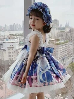 Polyester Daily Casual Bows Sleeveless Polyester Fall Dress Floral Print Sweet Blue Kids' Lolita Dresses -AYA Cosplay Shop 202303071334284764917