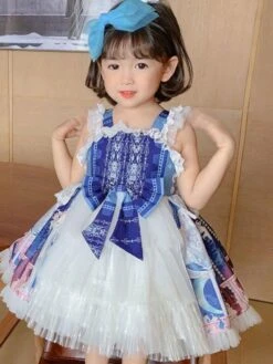Polyester Daily Casual Bows Sleeveless Polyester Fall Dress Floral Print Sweet Blue Kids' Lolita Dresses -AYA Cosplay Shop 202303071334287977055