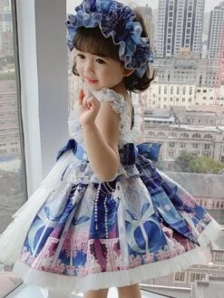 Polyester Daily Casual Bows Sleeveless Polyester Fall Dress Floral Print Sweet Blue Kids' Lolita Dresses -AYA Cosplay Shop 202303071334291115626