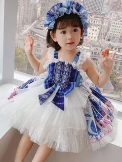 Polyester Daily Casual Bows Sleeveless Polyester Fall Dress Floral Print Sweet Blue Kids' Lolita Dresses