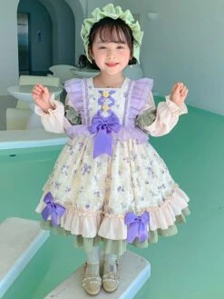 Polyester Tea Party Ruffles Long Sleeves Polyester Fall Dress Floral Print ROCOCO Style Ecru White Kids' Lolita Dresses
