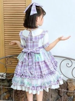 Polyester Tea Party Ruffles Short Sleeves Polyester Fall Dress Plaid ROCOCO Style Purple Kids' Lolita Dresses -AYA Cosplay Shop 202303071334354454711