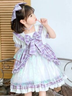 Polyester Tea Party Ruffles Short Sleeves Polyester Fall Dress Plaid ROCOCO Style Purple Kids' Lolita Dresses -AYA Cosplay Shop 202303071334357712666