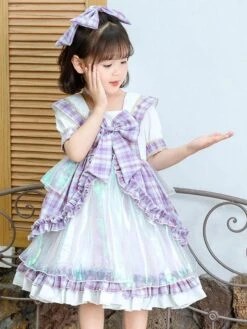 Polyester Tea Party Ruffles Short Sleeves Polyester Fall Dress Plaid ROCOCO Style Purple Kids' Lolita Dresses -AYA Cosplay Shop 202303071334360862637