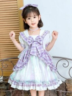 Polyester Tea Party Ruffles Short Sleeves Polyester Fall Dress Plaid ROCOCO Style Purple Kids' Lolita Dresses