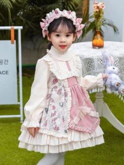 Polyester Daily Casual Ruffles Long Sleeves Polyester Fall Dress Floral Print Sweet Pink Kids' Lolita Dresses -AYA Cosplay Shop 202303071334400119229