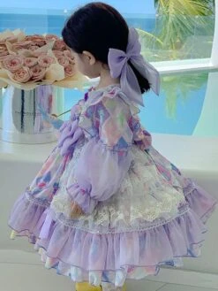 Polyester Tea Party Lace Long Sleeves Polyester Spring Dress Floral Print Sweet Purple Kids' Lolita Dresses -AYA Cosplay Shop 202303071334409192965