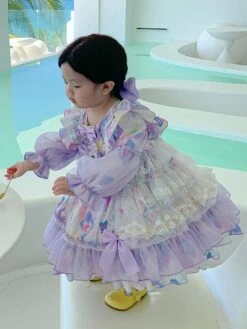 Polyester Tea Party Lace Long Sleeves Polyester Spring Dress Floral Print Sweet Purple Kids' Lolita Dresses -AYA Cosplay Shop 202303071334412277389