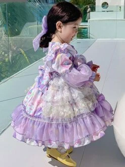 Polyester Tea Party Lace Long Sleeves Polyester Spring Dress Floral Print Sweet Purple Kids' Lolita Dresses -AYA Cosplay Shop 202303071334415361867