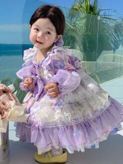 Polyester Tea Party Lace Long Sleeves Polyester Spring Dress Floral Print Sweet Purple Kids' Lolita Dresses -AYA Cosplay Shop 202303071334428807287