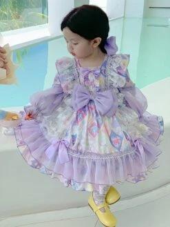 Polyester Tea Party Lace Long Sleeves Polyester Spring Dress Floral Print Sweet Purple Kids' Lolita Dresses