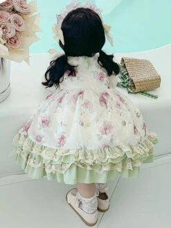 Polyester Daily Casual Lace Long Sleeves Polyester Summer Dress Floral Print ROCOCO Style Green Kids' Lolita Dresses -AYA Cosplay Shop 202303071334456745486